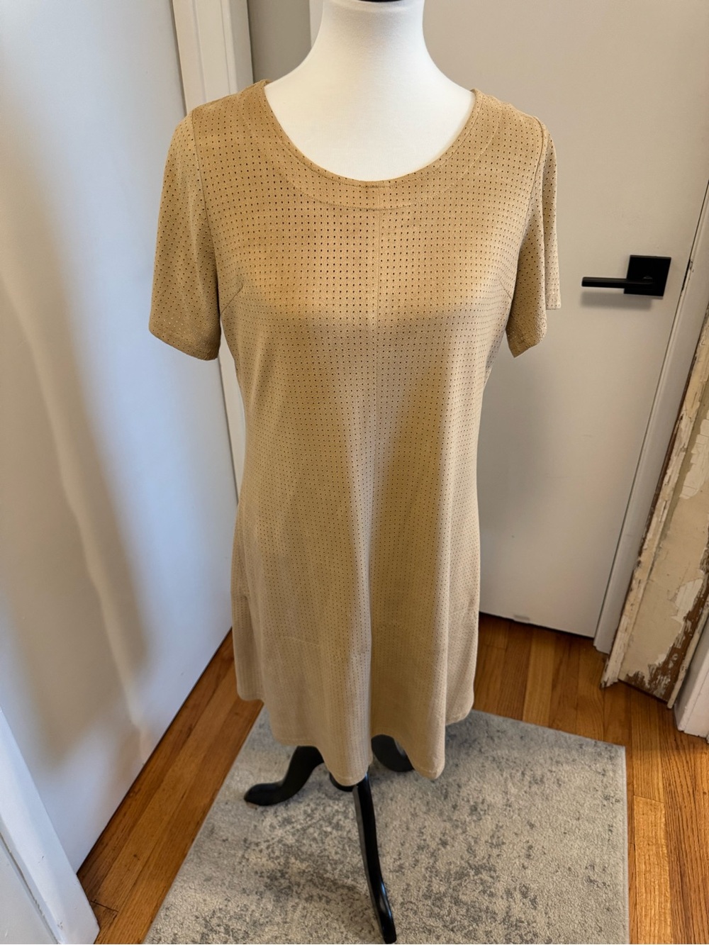 Ethereal Short-Sleeve Sueded Dress in Tan